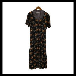 Vintage Decked Out Black Floral Polka Dot Shirt Dress 80s 40s Retro Size 12/14